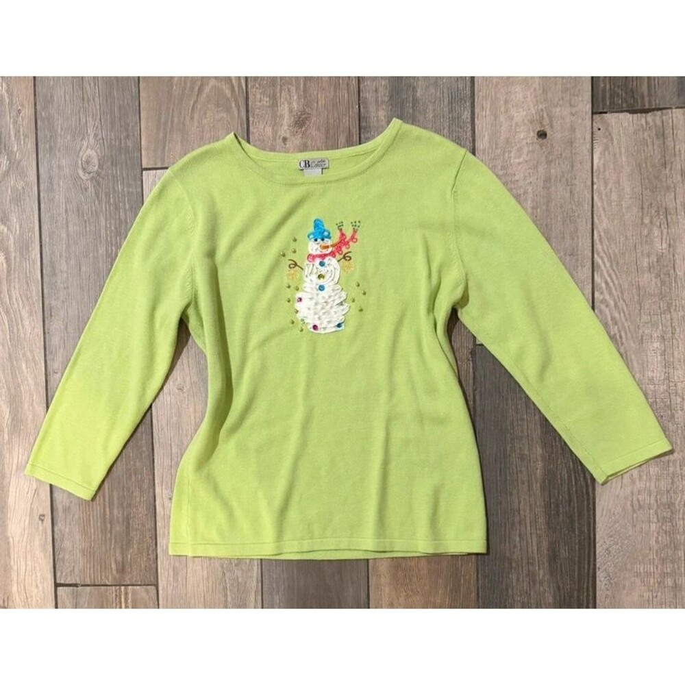 Cutesy Y2k Green Snowman Christmas Ribbon Beaded Sweater Size Petite M